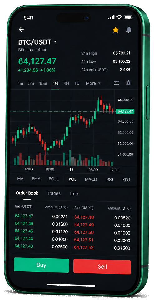 Futuris Bitporta mobile trading app showing live BTC/USDT chart, order book, and buy/sell options
